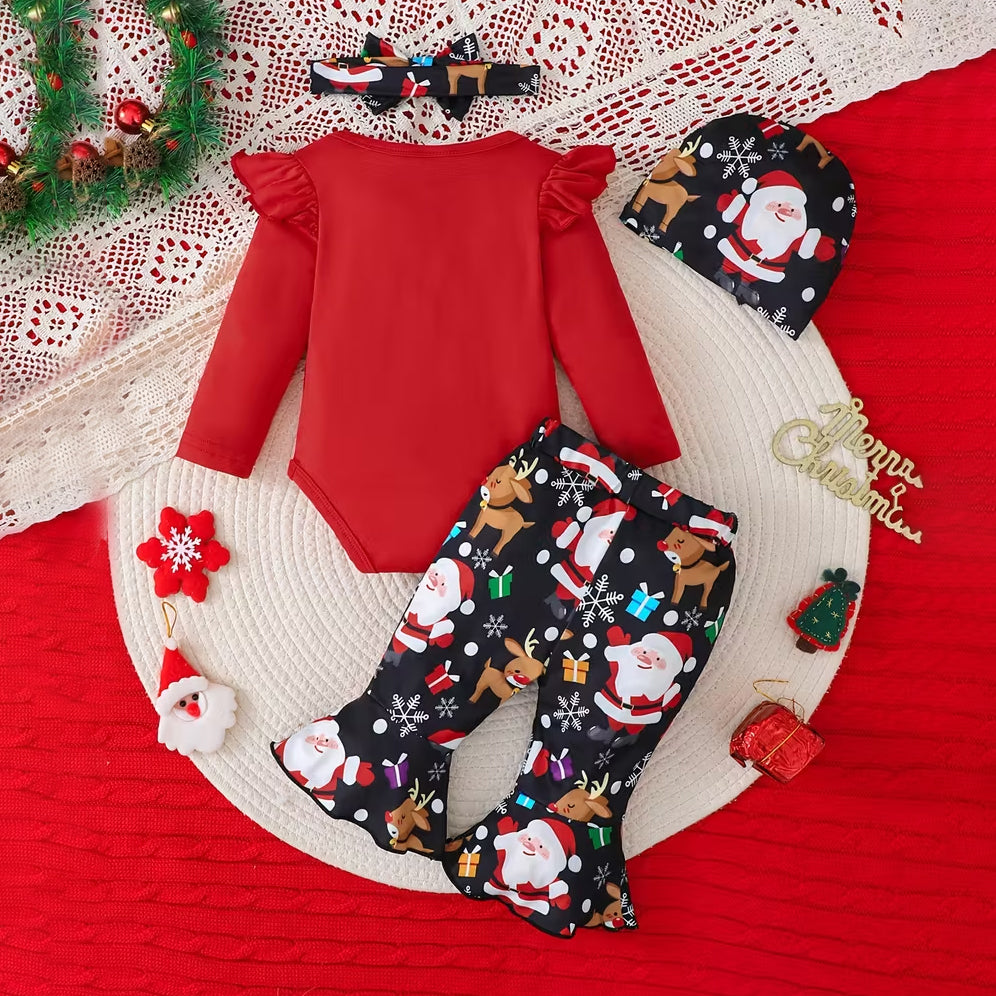 4PCS My 1st Christmas Letter Elk Santa Claus Printed Baby Set