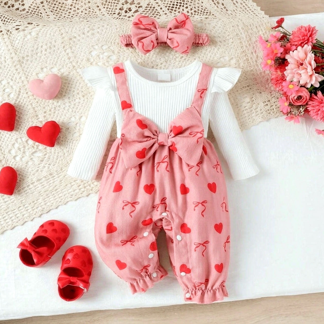 2PCS Bubbly Heart Bow Print Long Sleeve Baby Jumpsuit