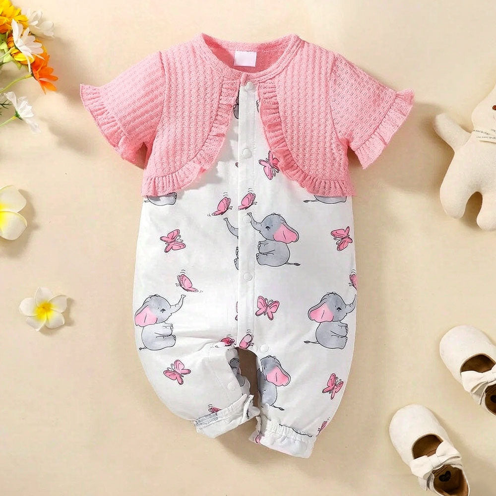 Sweet Elephant Printed Waffle Short Sleeve Baby Girl Jumpsuit
