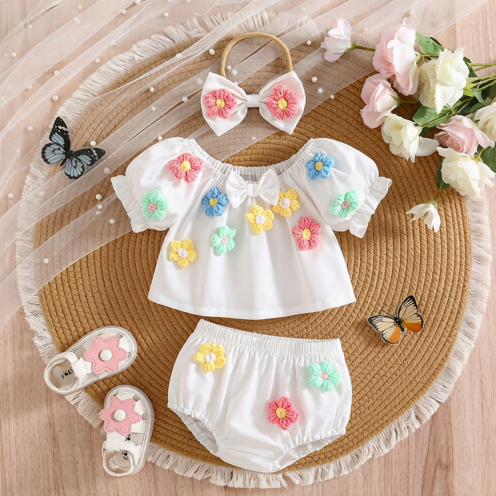 3PCS Lovely Floral Appliqué Short Sleeve Baby Set