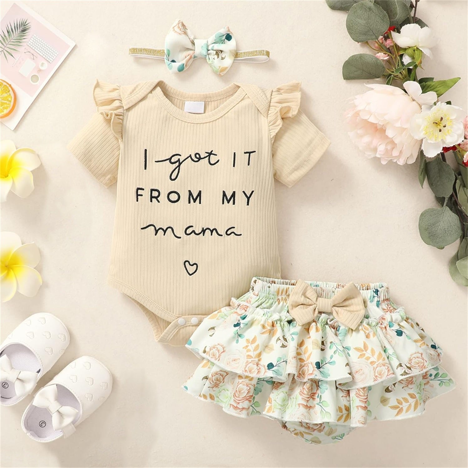 3PCS I Got It From My Mama Letter Floral Printed Baby Girl Set