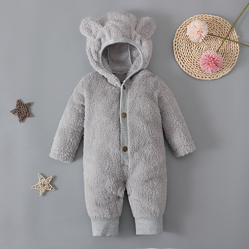 Lovely Bear Solid Color Printed Long Sleeve Baby Hoodie Jumpsuit