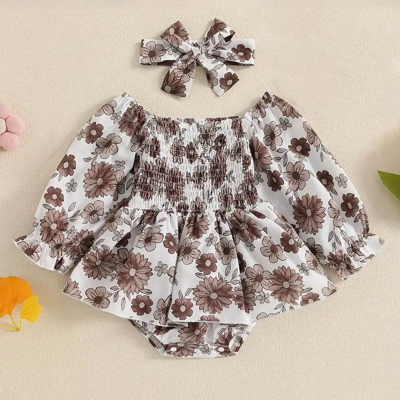 2PCS Trendy Allover Floral Printed Long Sleeve Baby Romper