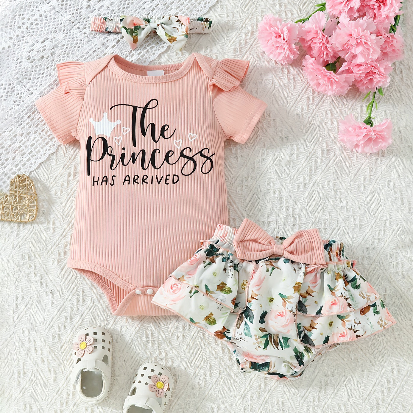 3PCS The Princess Has Arrived Letter Printed Baby Set