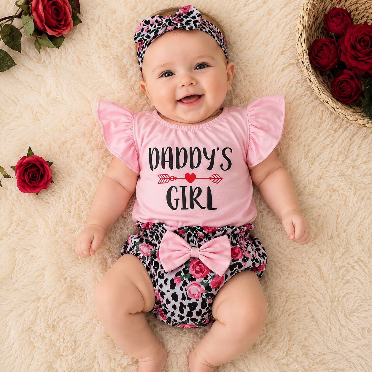 3PCS Adorable Daddy's Girl Letter Floral Print Flutter Sleeve Baby Set