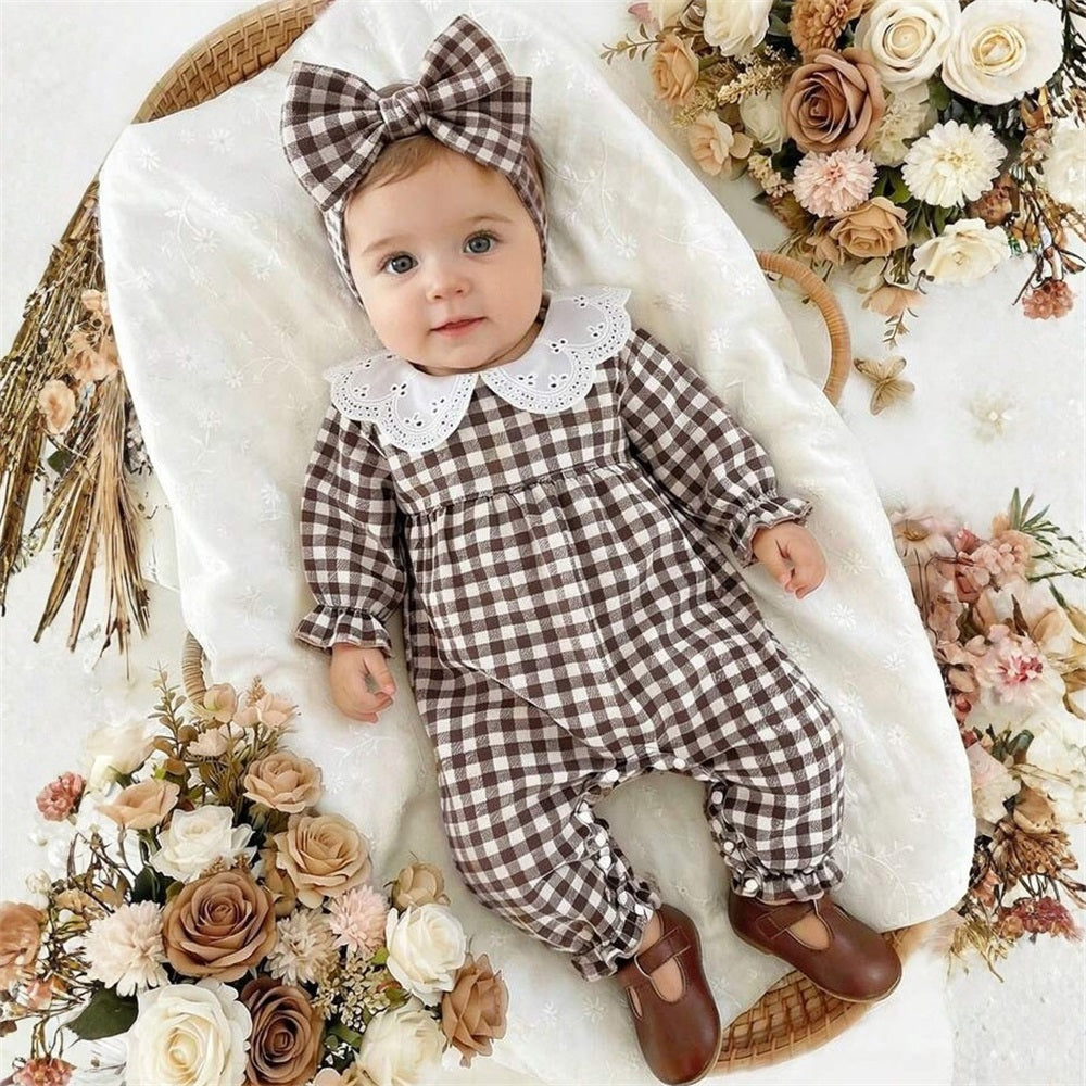 Stylish Casual Plaid Printed Long Sleeve Baby Jumpsuit