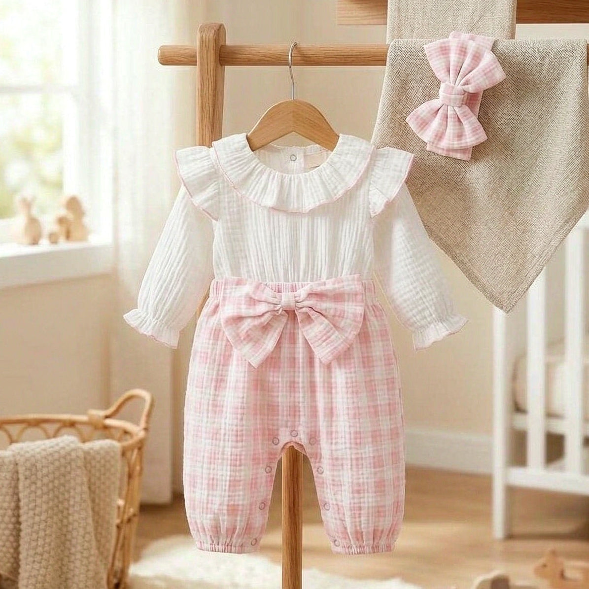2PCS Pretty Baby Girl Plaid Print Bow Long Sleeve Jumpsuit