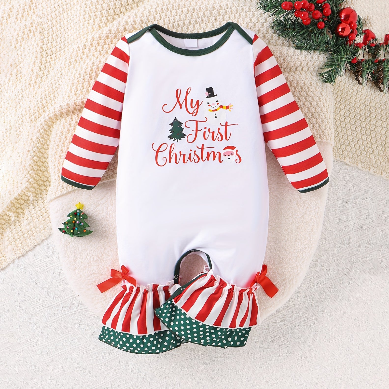 My First Christmas Letter Stripe Printed Bowknot Flares Decor Baby Jumpsuit