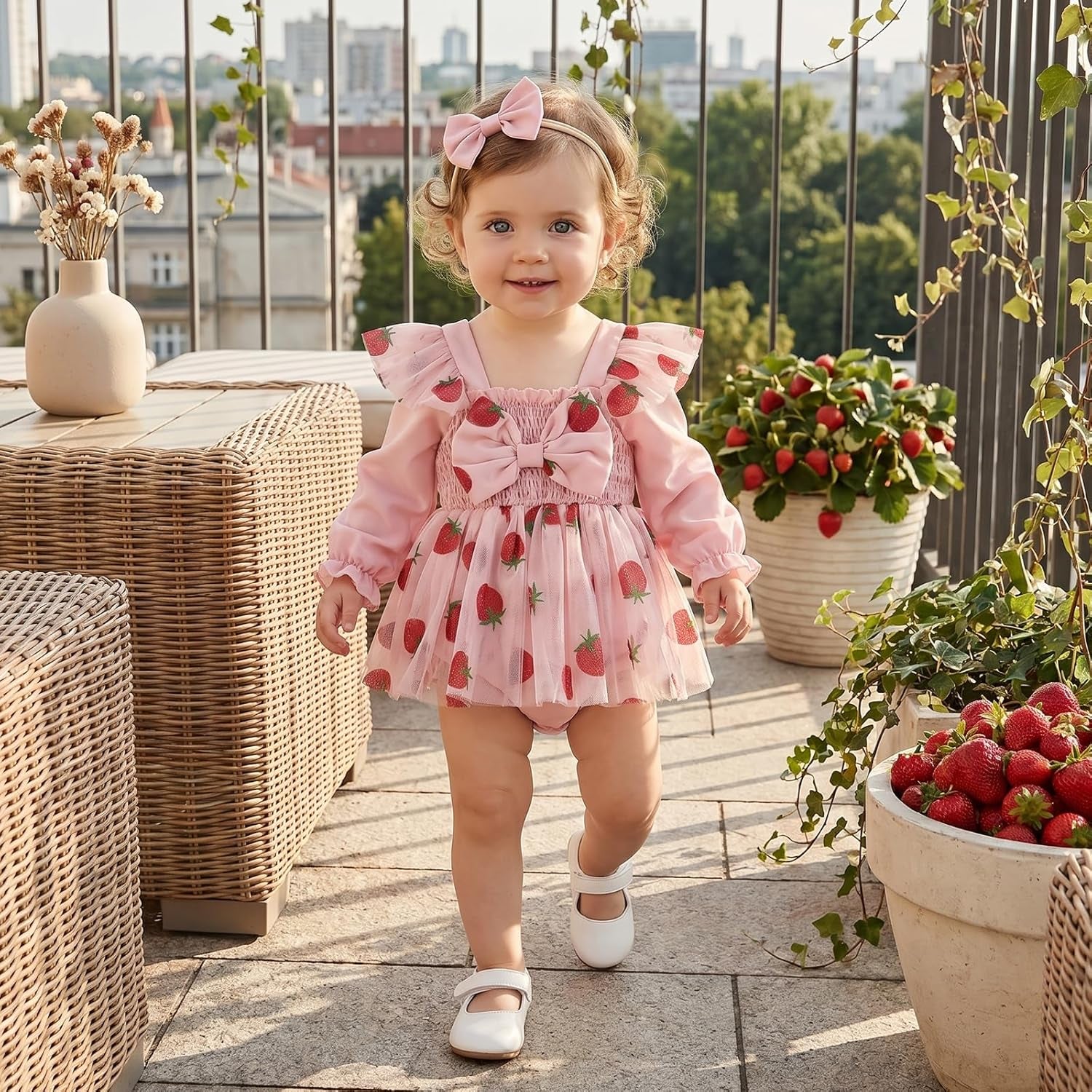 2PCS Pretty Strawberry Print Tulle Long Sleeve Baby Romper