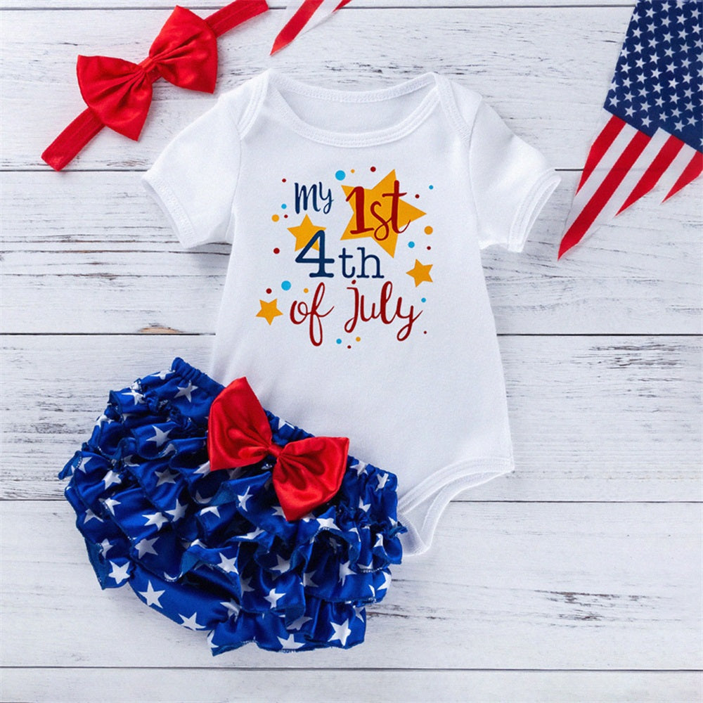 3PCS My 1st 4th of July Letter Star Printed Short Sleeve Baby Set