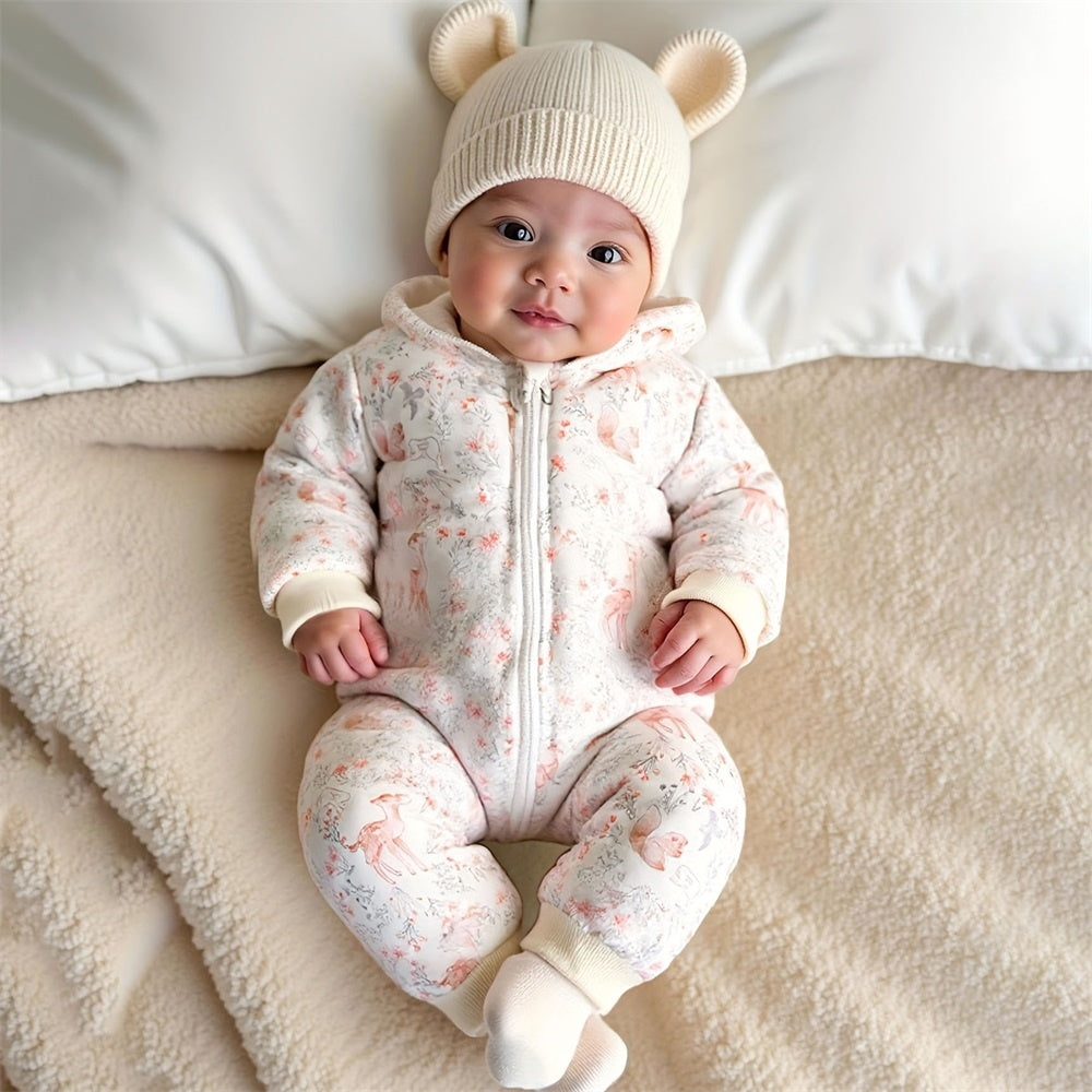 Winter Animal Print Long Sleeve Plush Hooded Jumpsuit