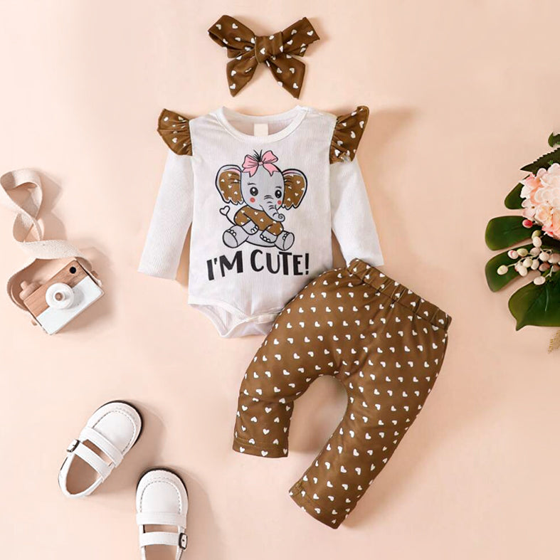 3PCS I‘M Cute Letter Elephant Heart Printed Baby Set