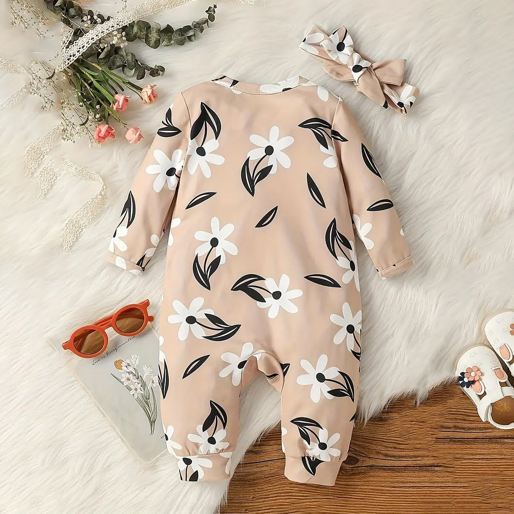 2PCS Flower Printed Ruffled Long Sleeve Baby Jumpsuit