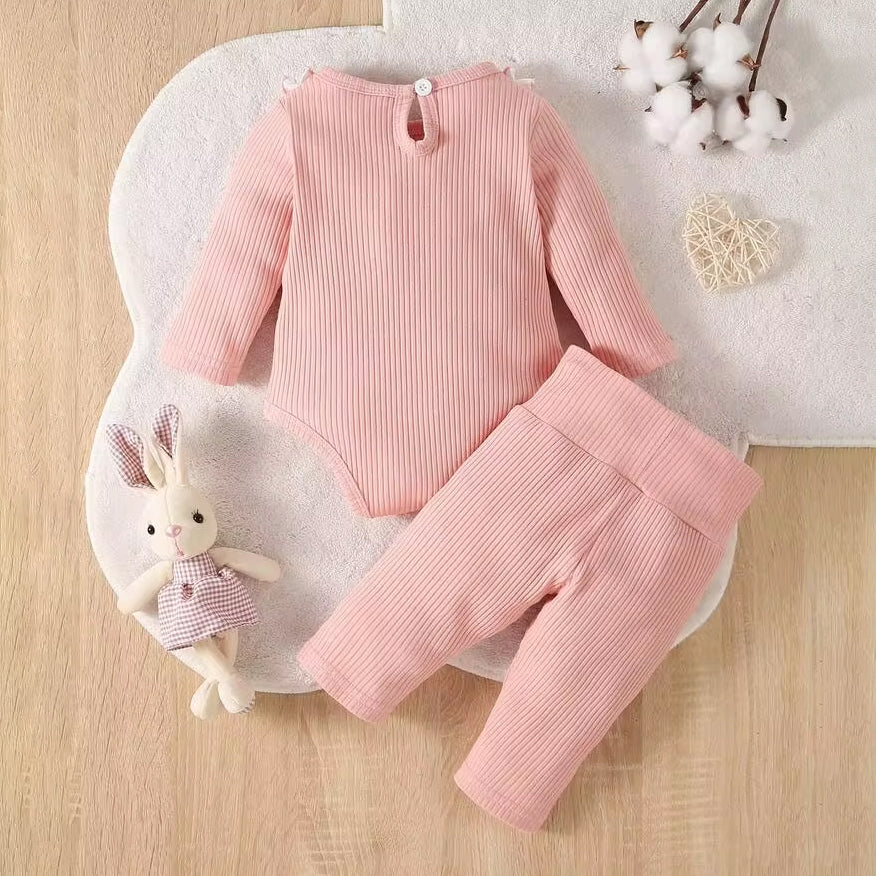 2PCS Sweet Solid Color Bow Long Sleeve Baby Girl Set