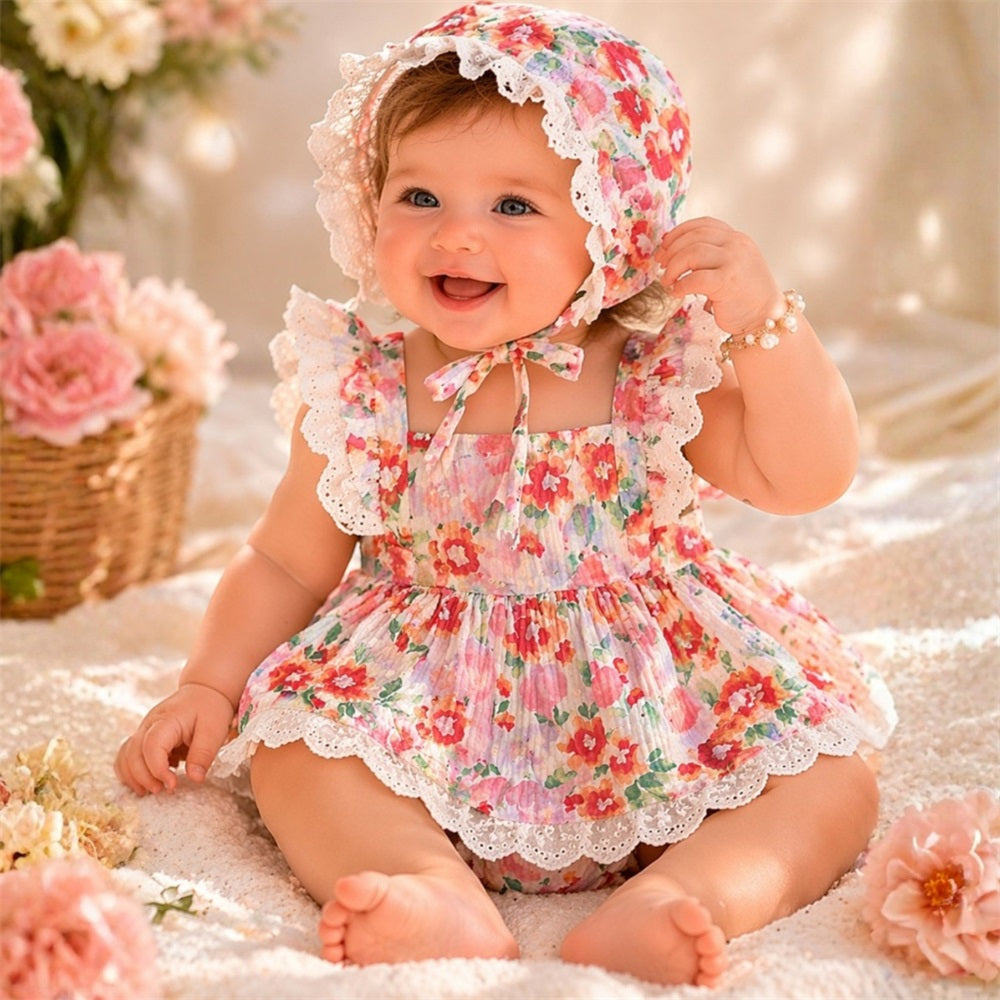 3PCS Stylish Floral Printed Lace Trim Fly Sleeve Baby Set