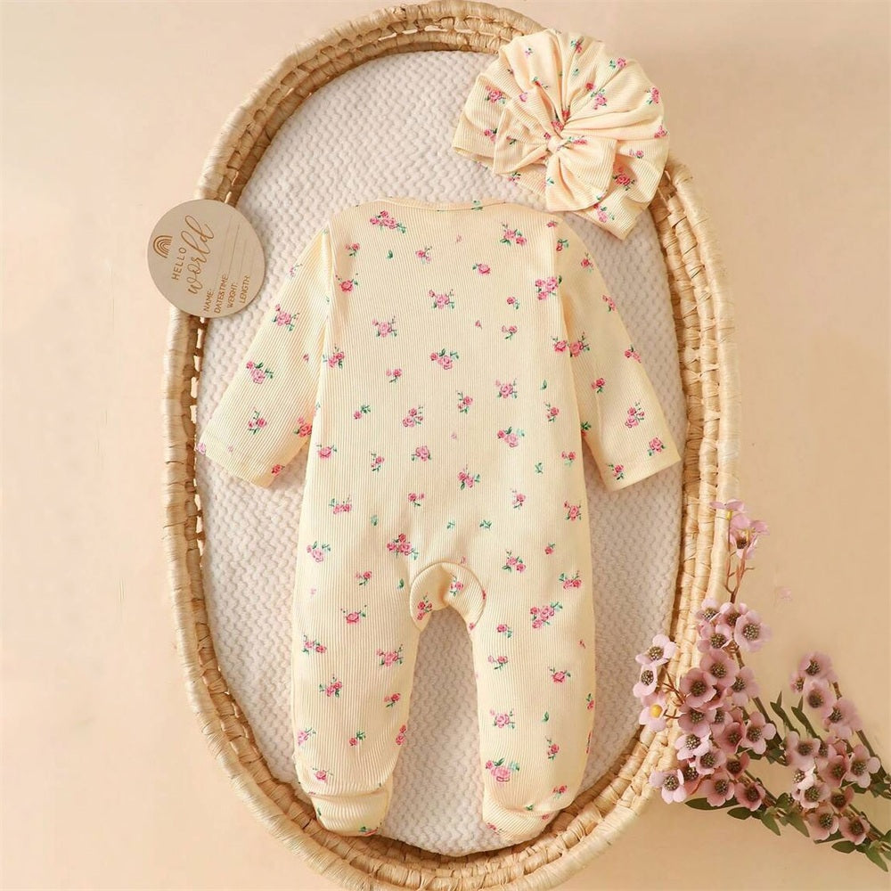 2PCS Lovely Floral Printed Ruffle Lace Zipper Long Sleeve Baby Jumpsuit