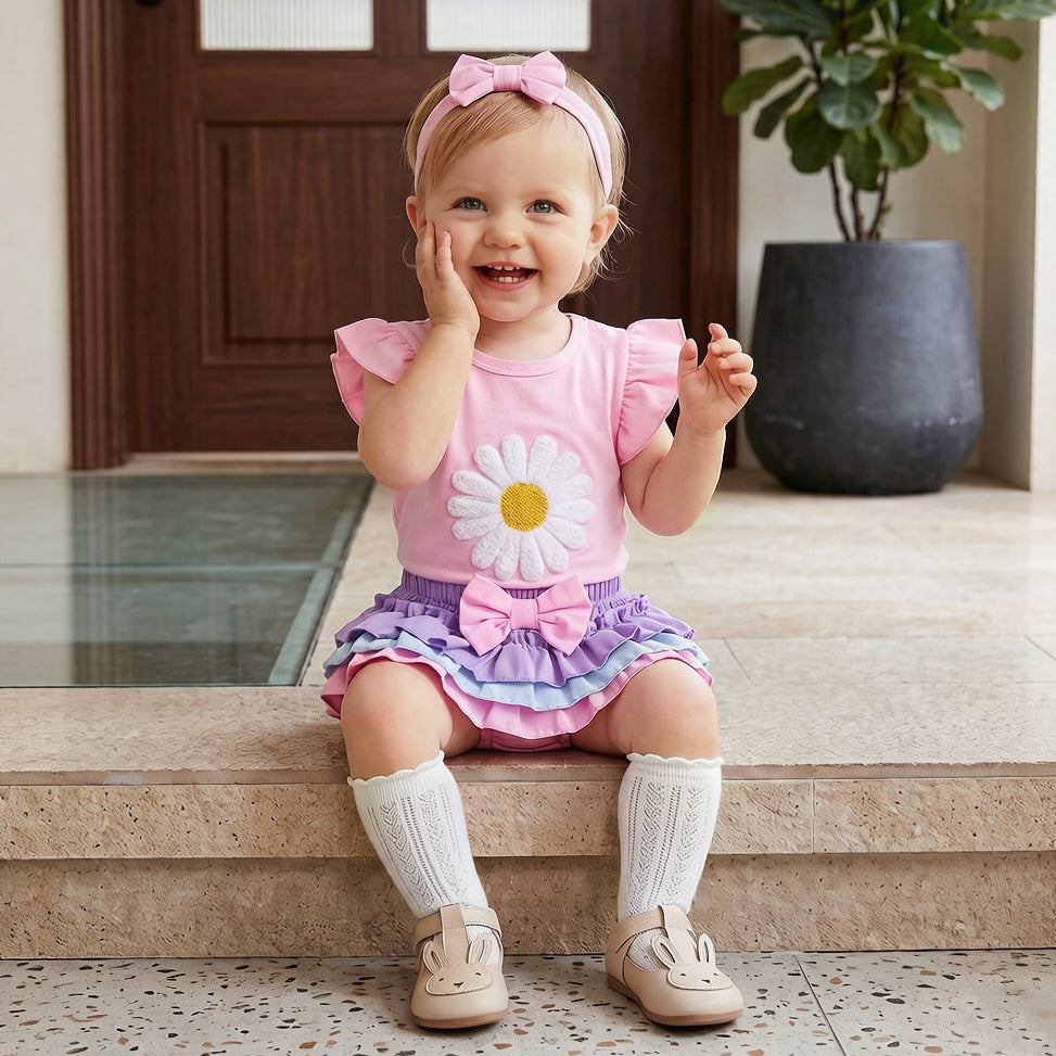 3PCS Sweet Daisy Appliqué Flutter Sleeve Baby Girl Set