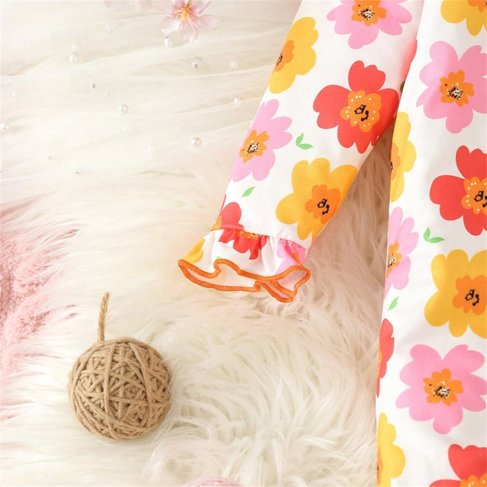 2PCS Allover Floral Print Long Sleeve Baby Jumpsuit