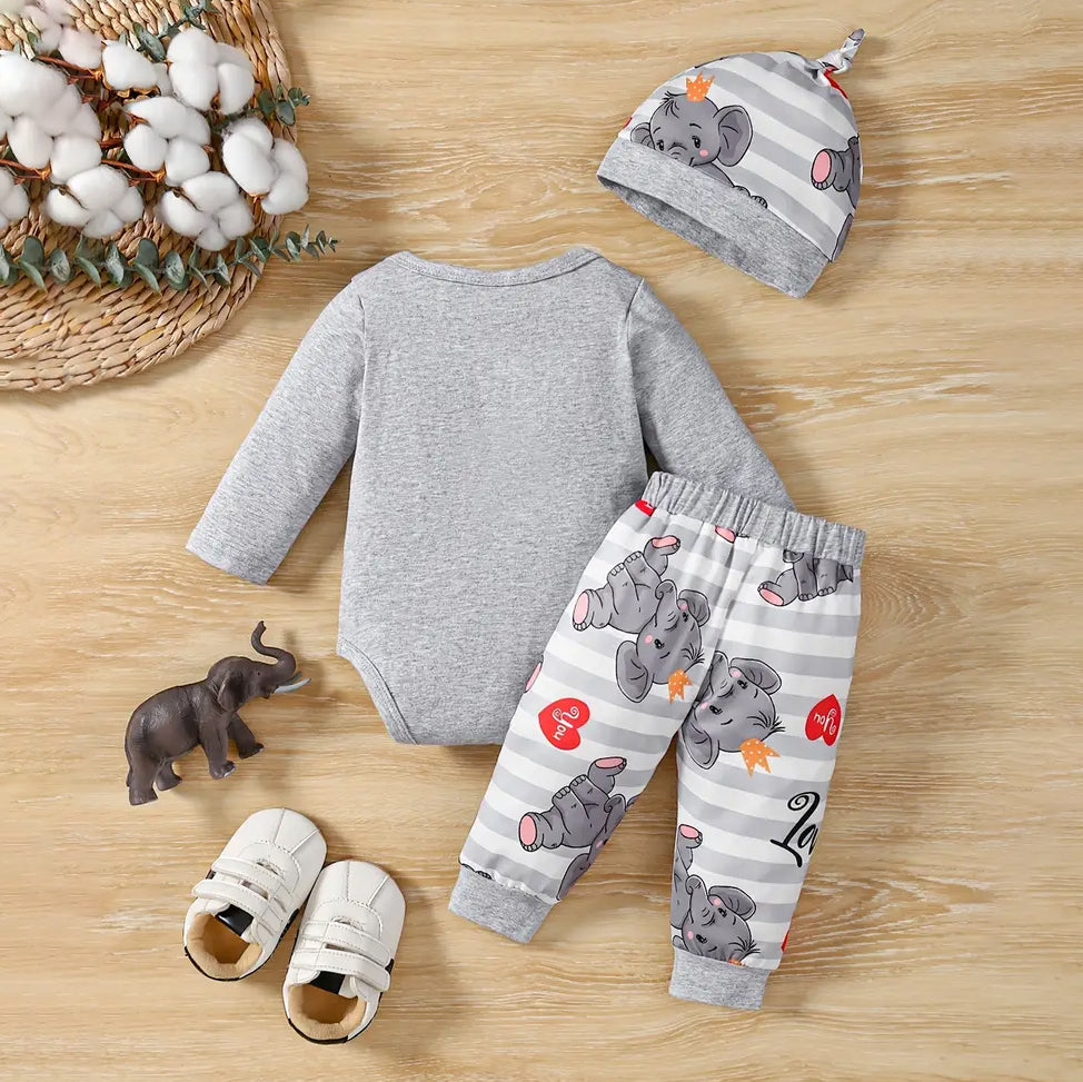 3PCS LOVE YOU MAMA Letter Elephant Printed Long Sleeve Baby Set