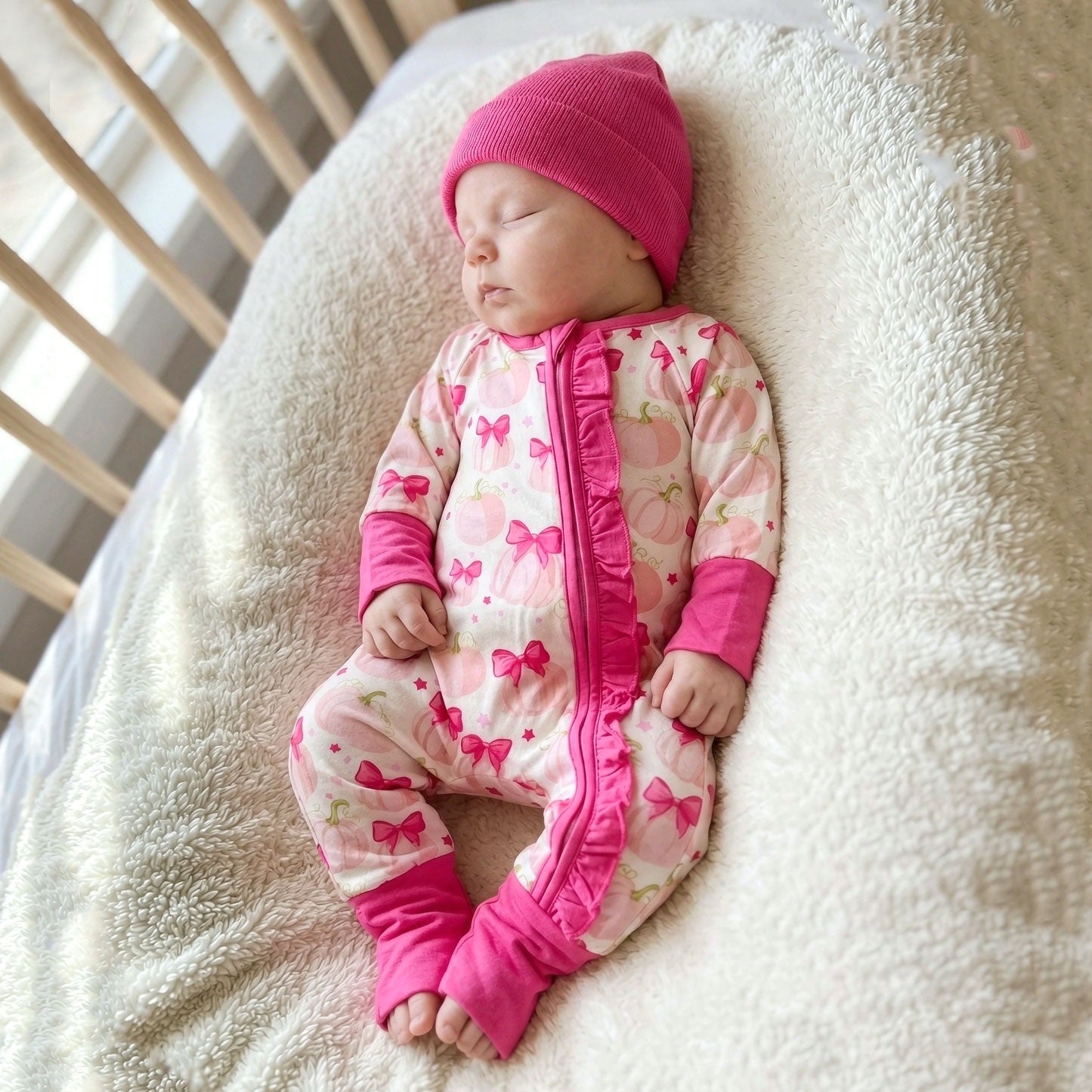 Halloween Bow Pumpkin Printed Long Sleeve Zipper Baby Jumpsuit