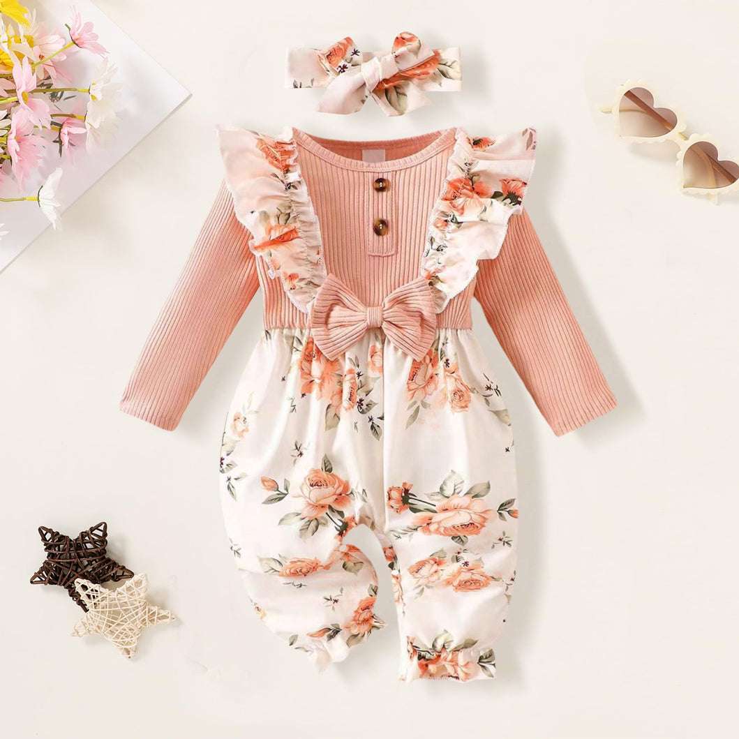 2PCS Comfy Floral Print Ruffle Baby Jumpsuit