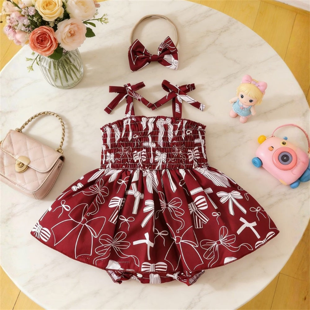 2PCS Trend Bow Printed Camisole Baby Romper