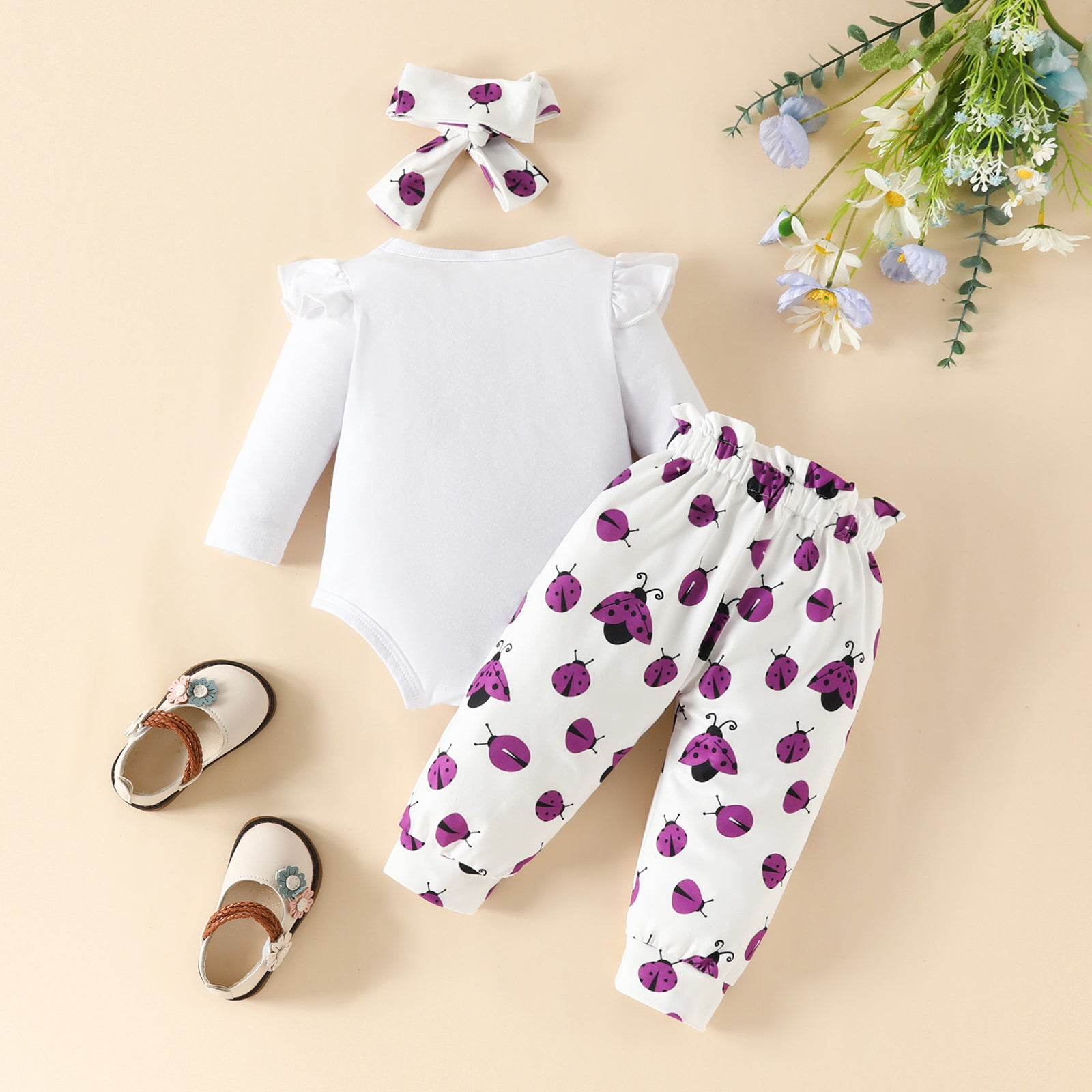 3PCS Lovely Ladybug Printed Long Sleeve Baby Set