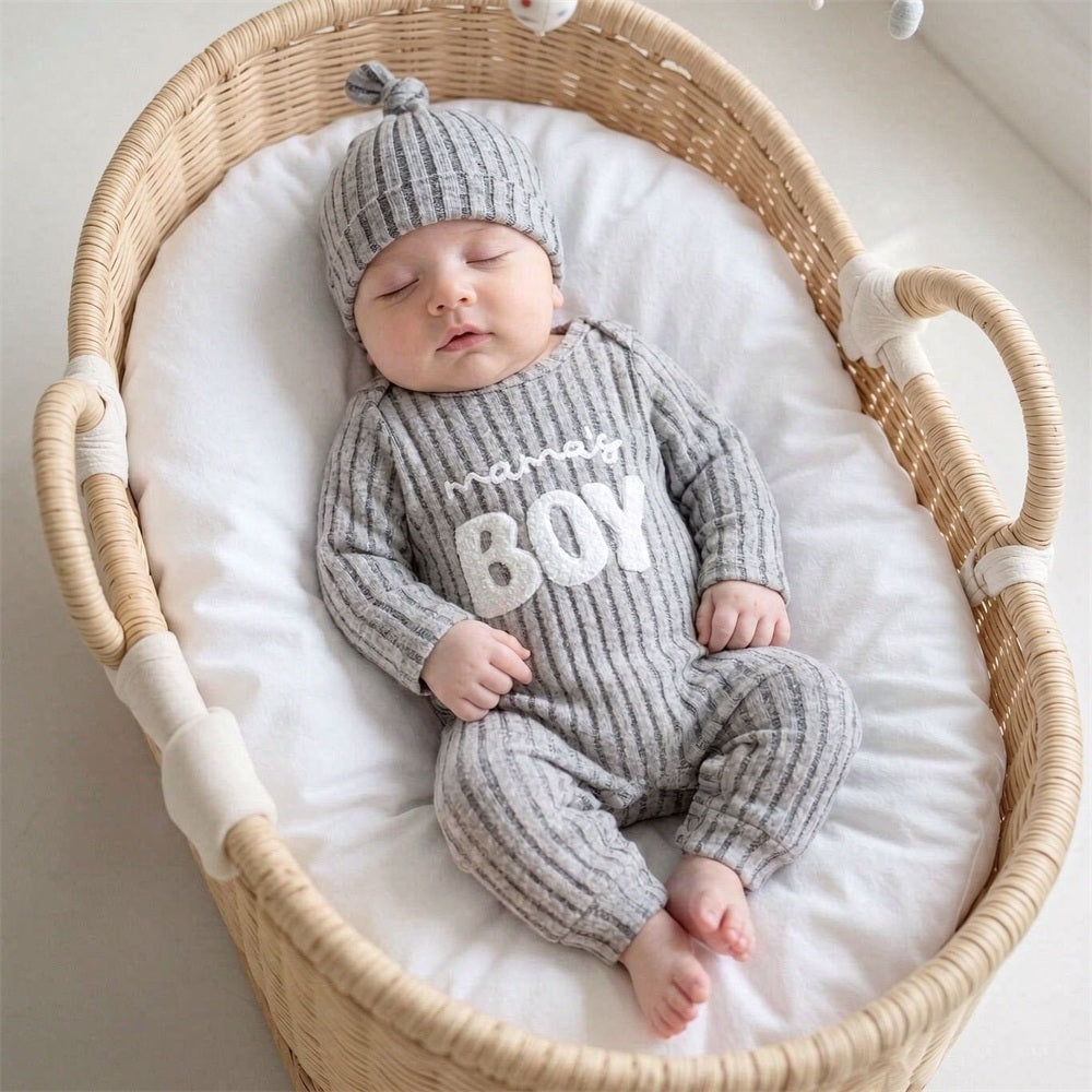2PCS Mama's Boy Letter Printed Solid Color Knit Baby Jumpsuit
