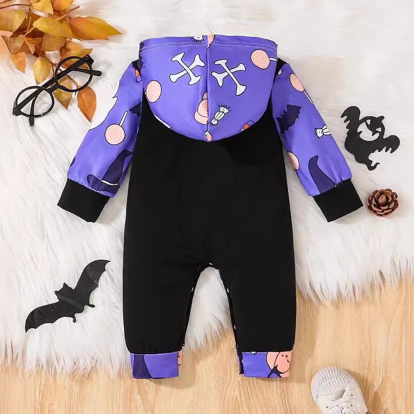 Casual Letter Ghost Printed Long Sleeve Baby Hooded Jumpsuit