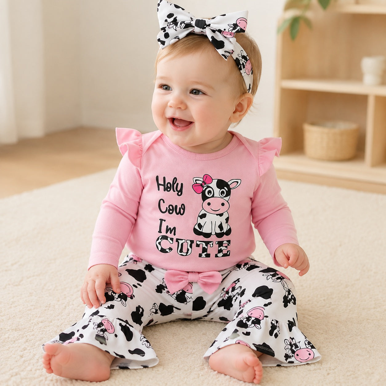 3PCS Holy Cow I'm Cute Letter and Cow Printed Long Sleeve Baby Flared Pants Set