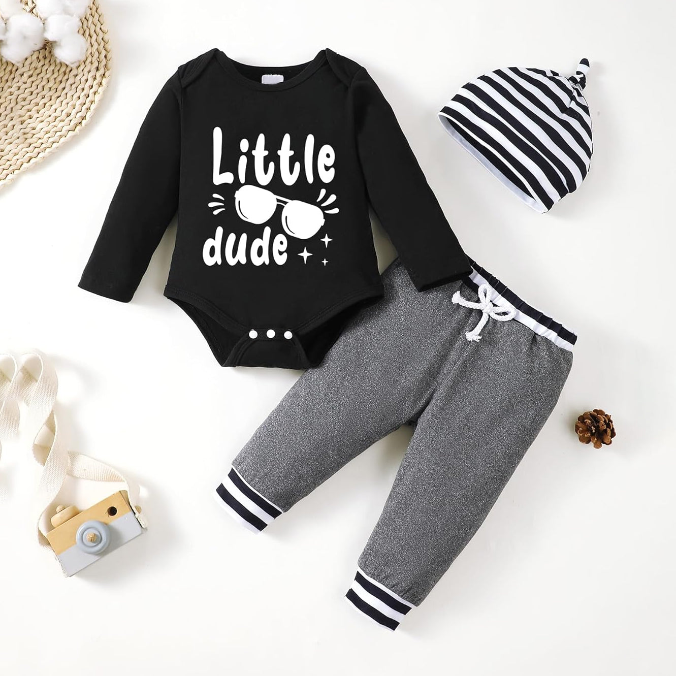 3PCS Little Dude Letter Printed Long Sleeve Baby Set
