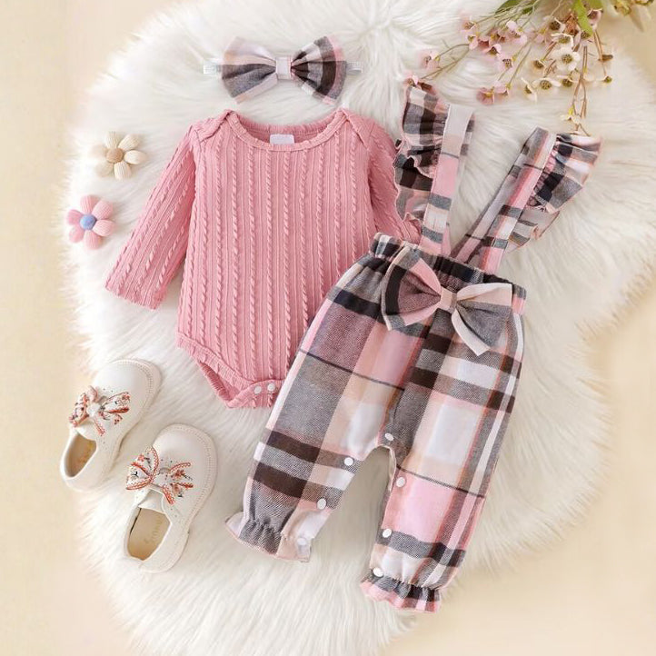 3PCS Grace Plaid Printed Suspender Baby Set