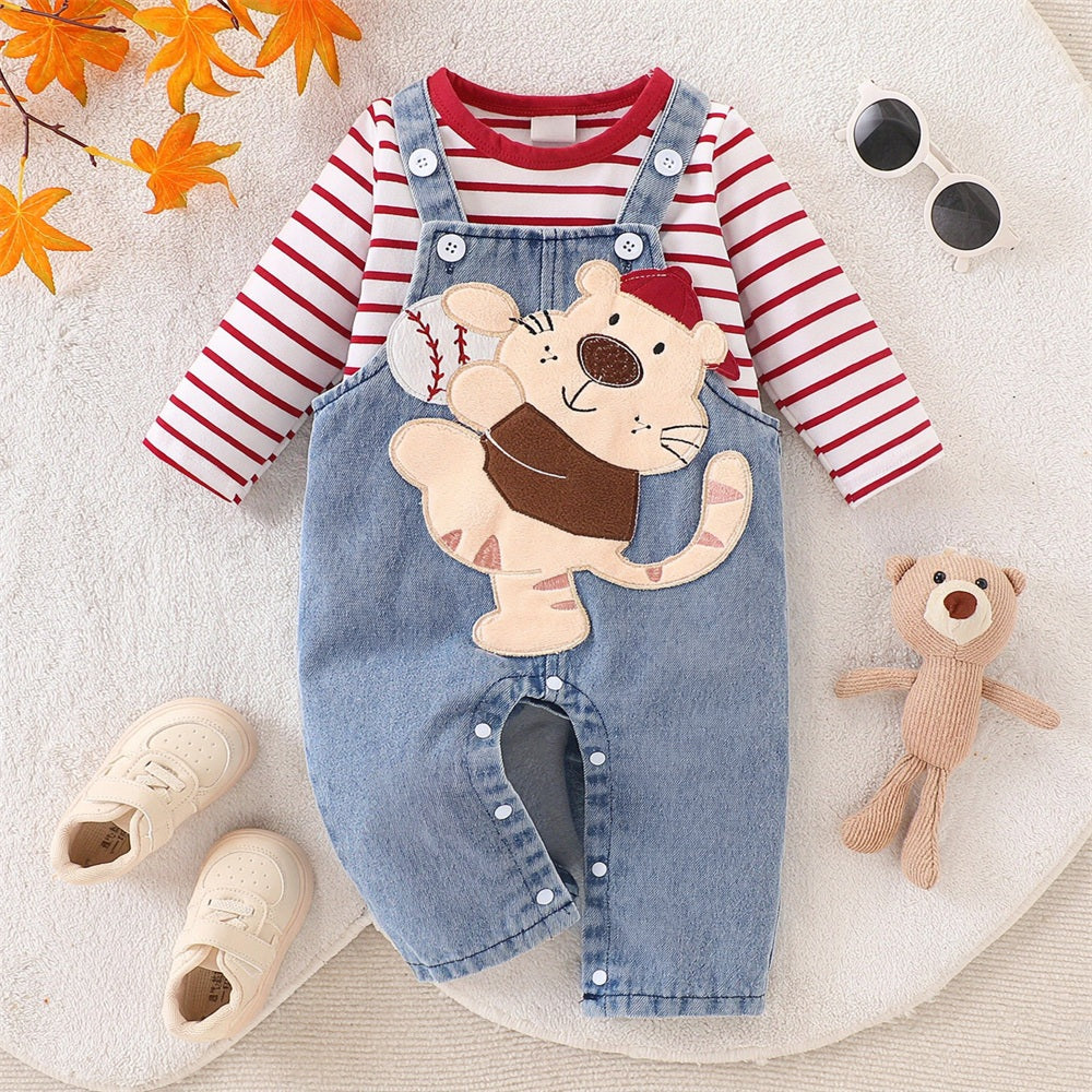 2PCS Tiger Applique Stripe Print Long Sleeve Baby Denim Overalls Set