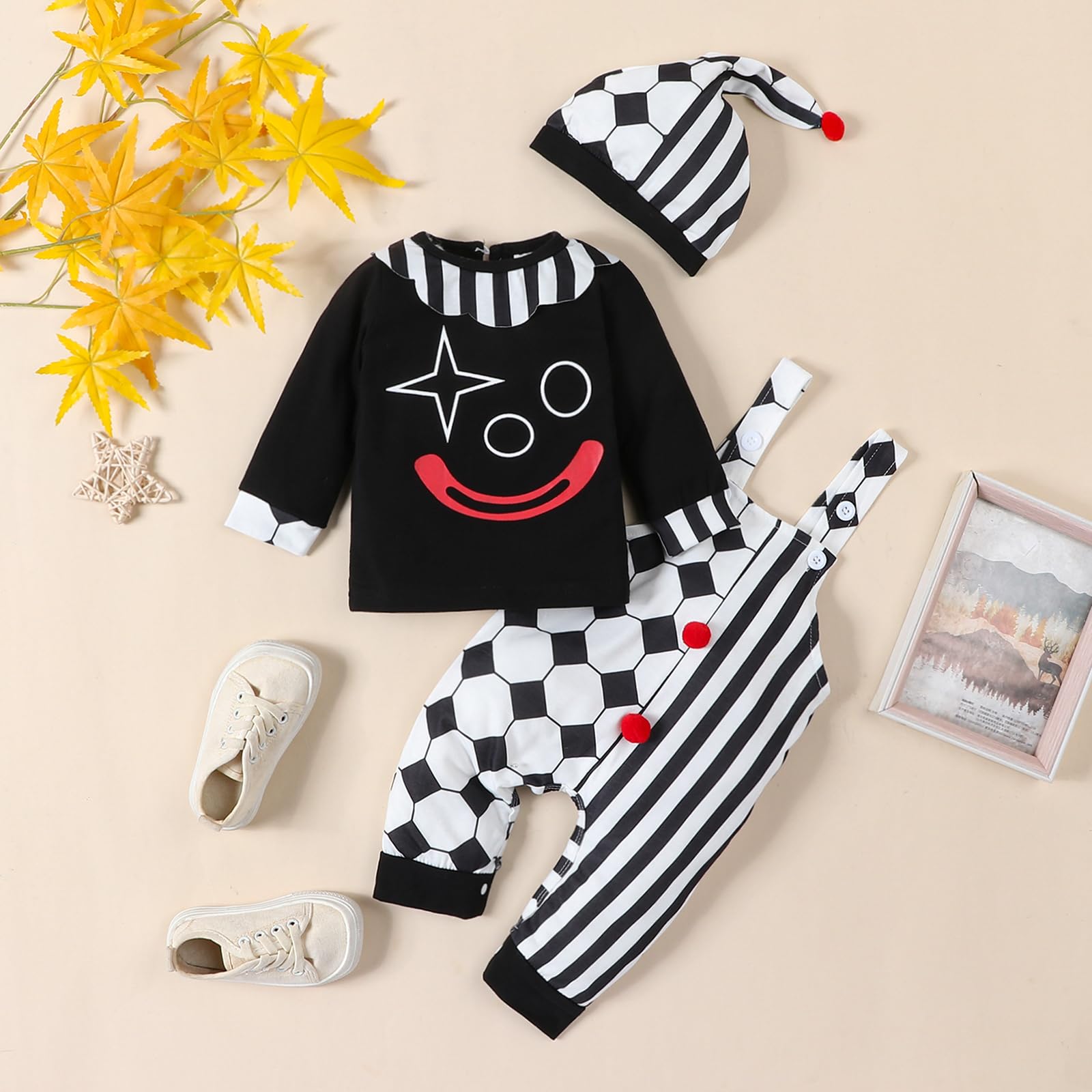 3PCS Halloween Clown Printed Long Sleeve Baby Overalls Set