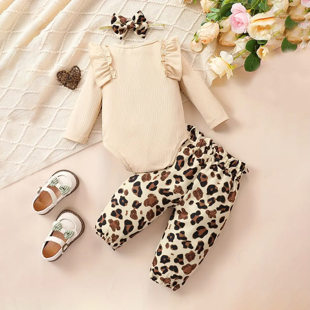 3PCS Stylish Leopard Printed Long Sleeve Baby Set