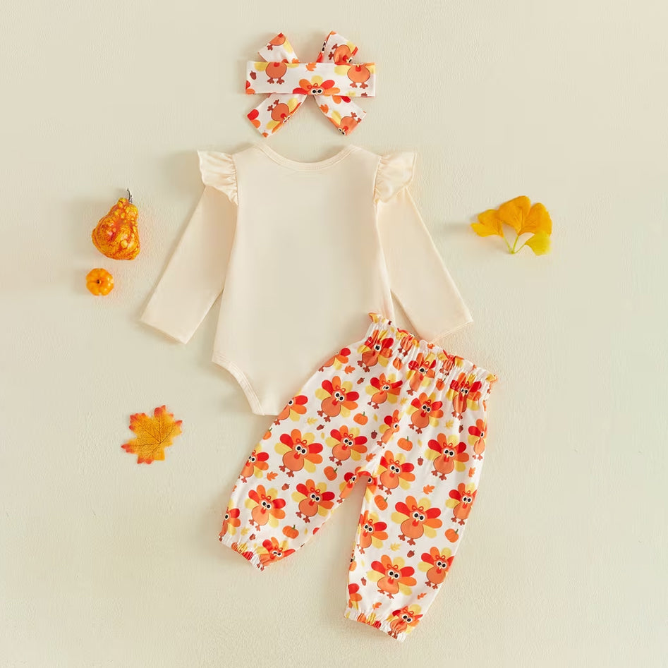 3PCS Cute My First Thanksgiving Letter Turkey Print Long Sleeve Baby Girl Set