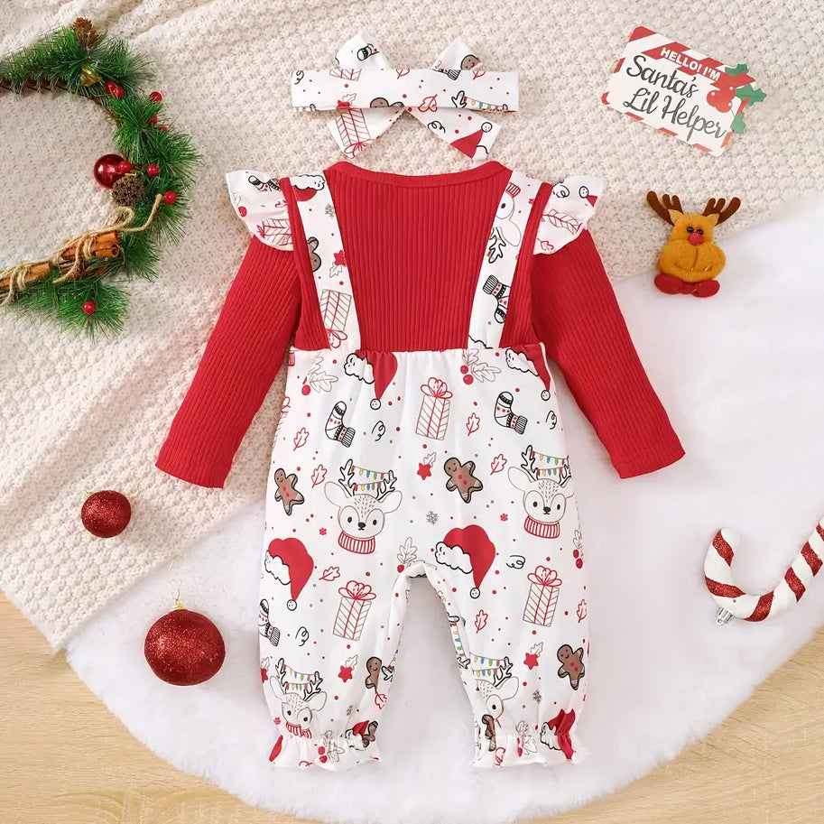 2PCS Christmas Animal Printed Long Sleeve Baby Jumpsuit