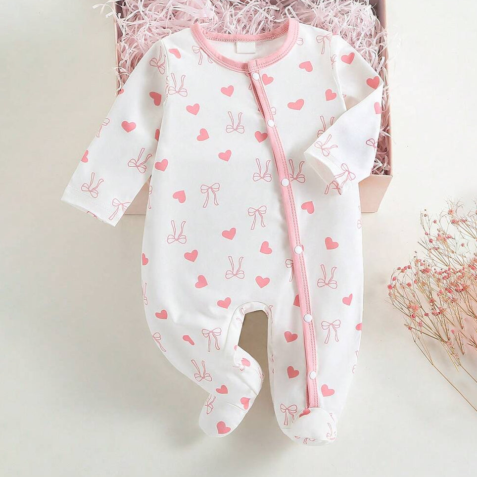 Casual Heart and Bow Print Long Sleeve Baby Jumpsuit