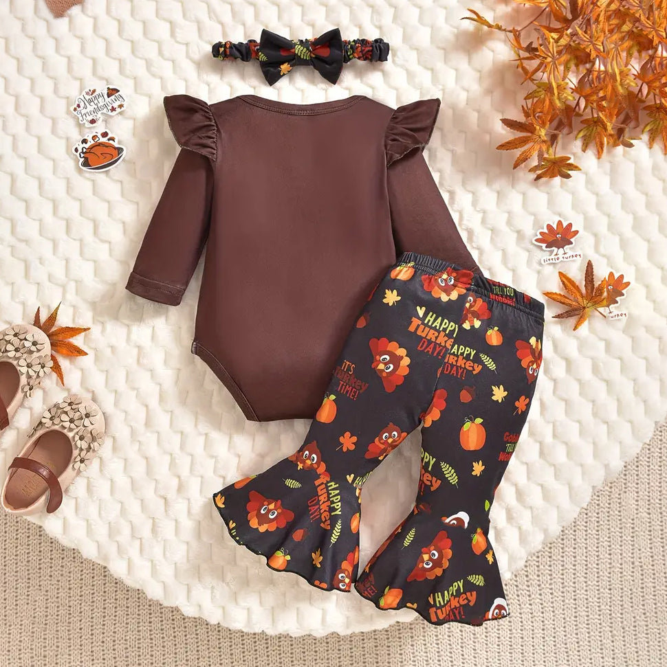 3PCS Happy Turkey Day Letter Turkey Printed Flared Trousers Baby Set