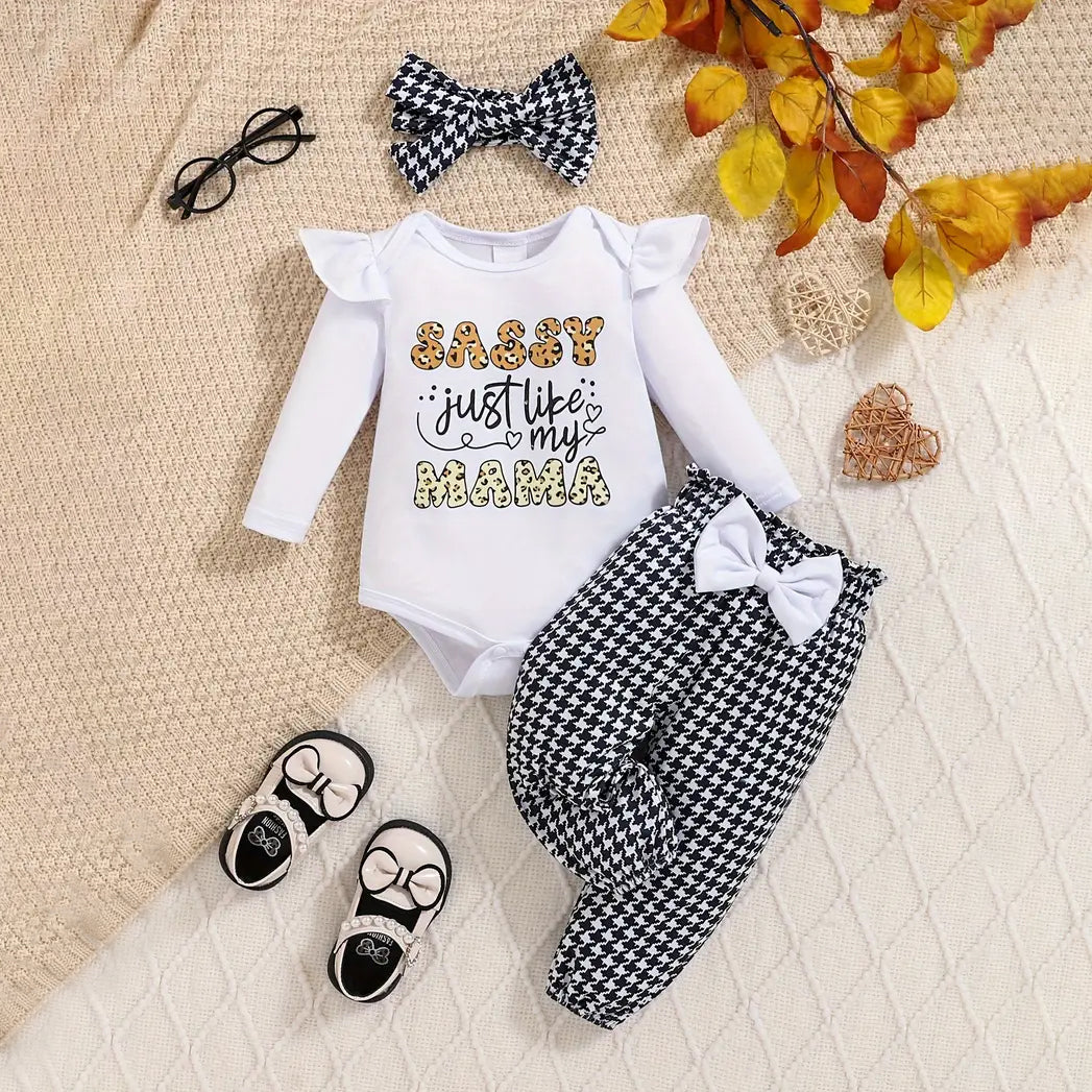 3PCS Sassy Just Like My Mama Letter Houndstooth Printed Long Sleeve Baby Set