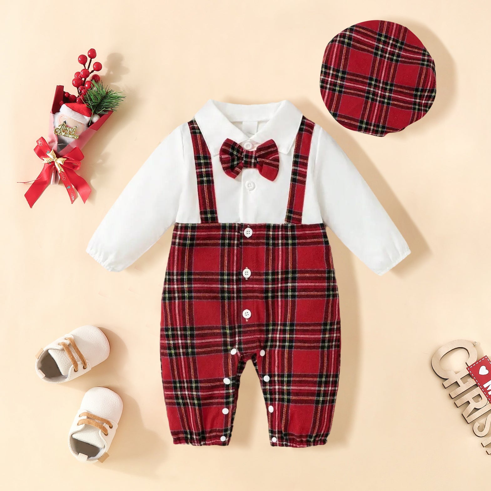 2PCS Christmas Plaid Printed Bowtie Lapel Gentleman Long Sleeve Baby Jumpsuit