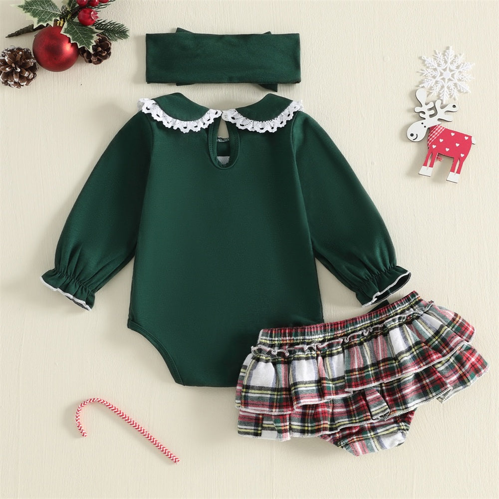 3PCS My First Christmas Letter Embroidered Plaid Printed Baby Set
