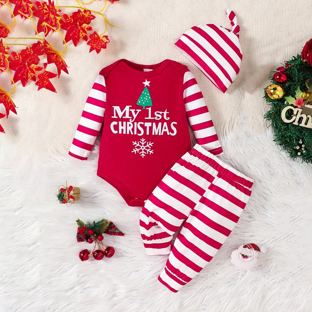 3PCS My 1st Christmas Letter Stripe Printed Long Sleeve Baby Set