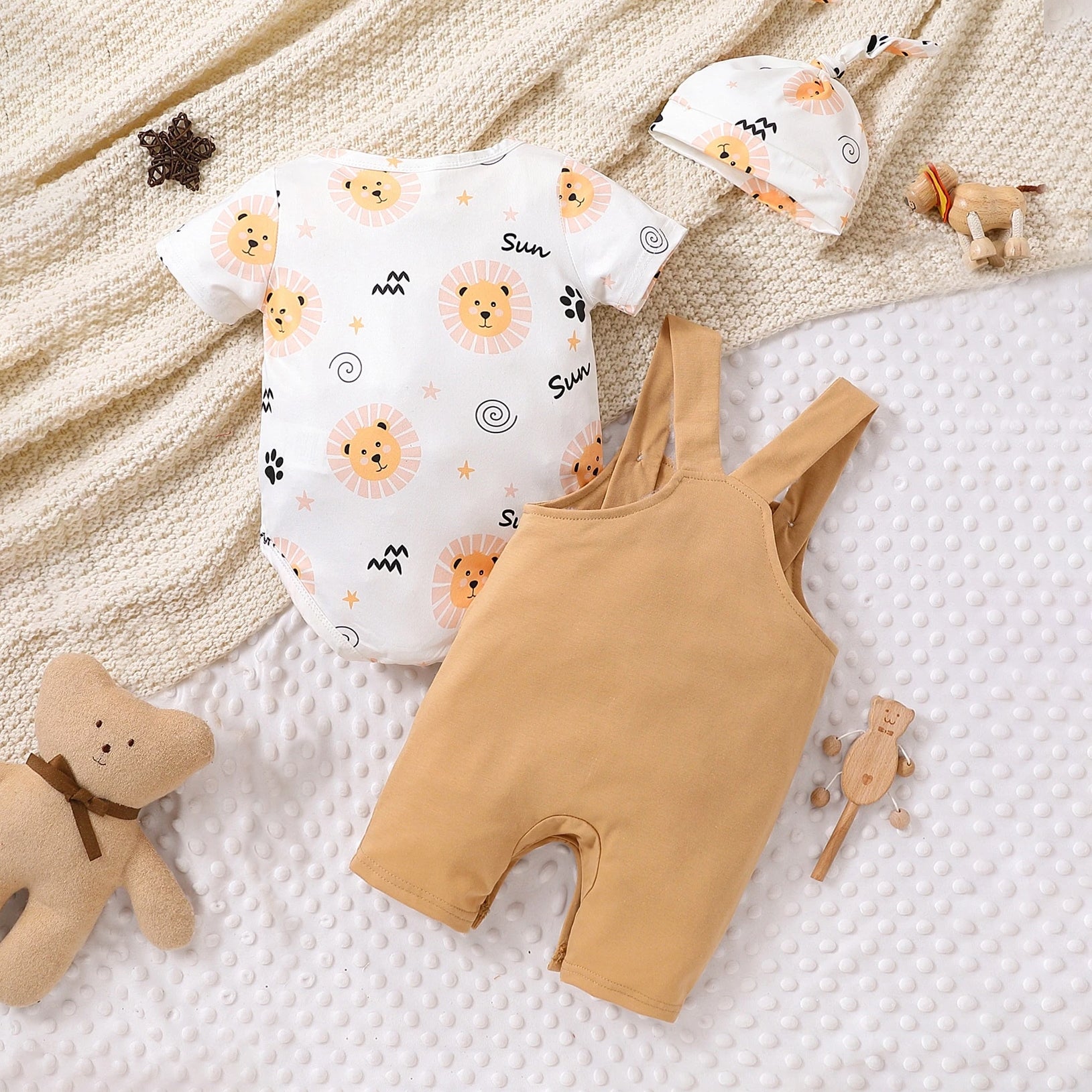 3PCS Cute Lion Printed Short Sleeve Overalls Baby Set