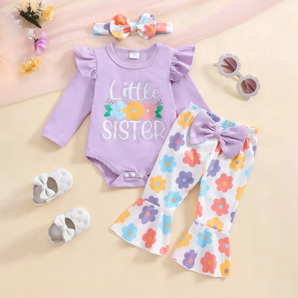 3PCS Little Sister Letter Floral Printed Long Sleeve Baby Set