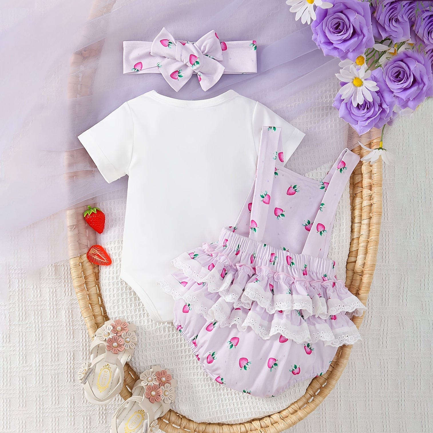 3PCS Strawberry Cartoon Cat Print Short Sleeve Overalls Baby Set