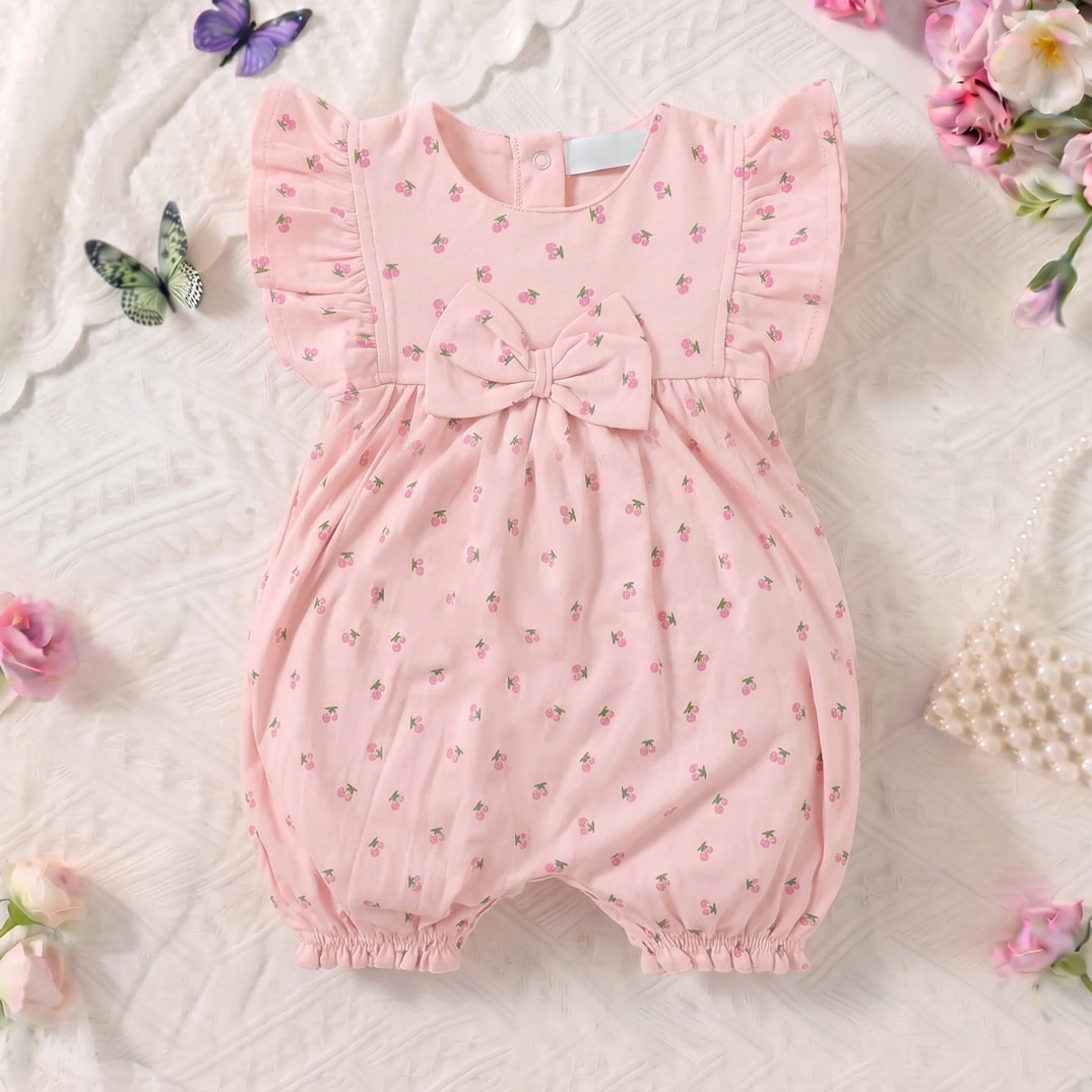 Elegant Cherry Print Flutter Sleeve Baby Jumpsuit