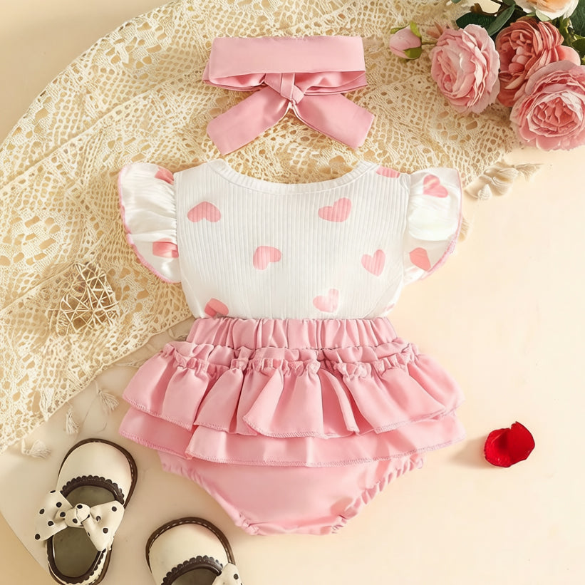 2PCS Adorable Heart Print Flutter Sleeve Baby Romper
