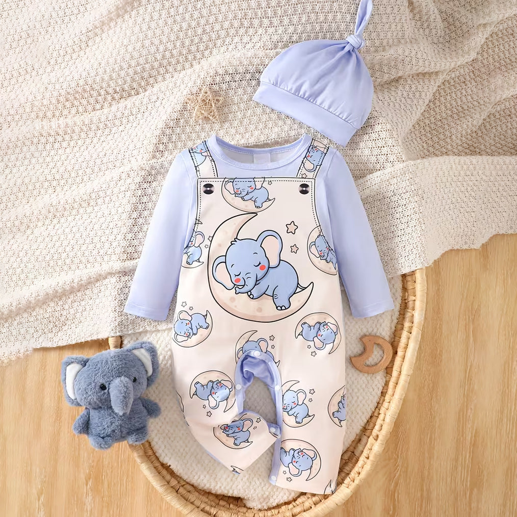 2PCS Lovely Elephant Print Long Sleeve Baby Boy Jumpsuit