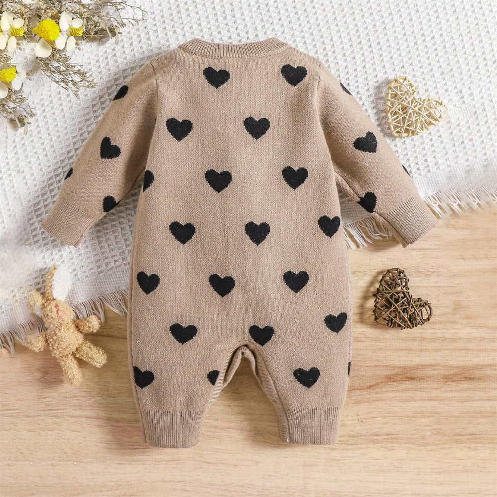 Fashionable Knitted Heart Print Long Sleeve Baby Jumpsuit